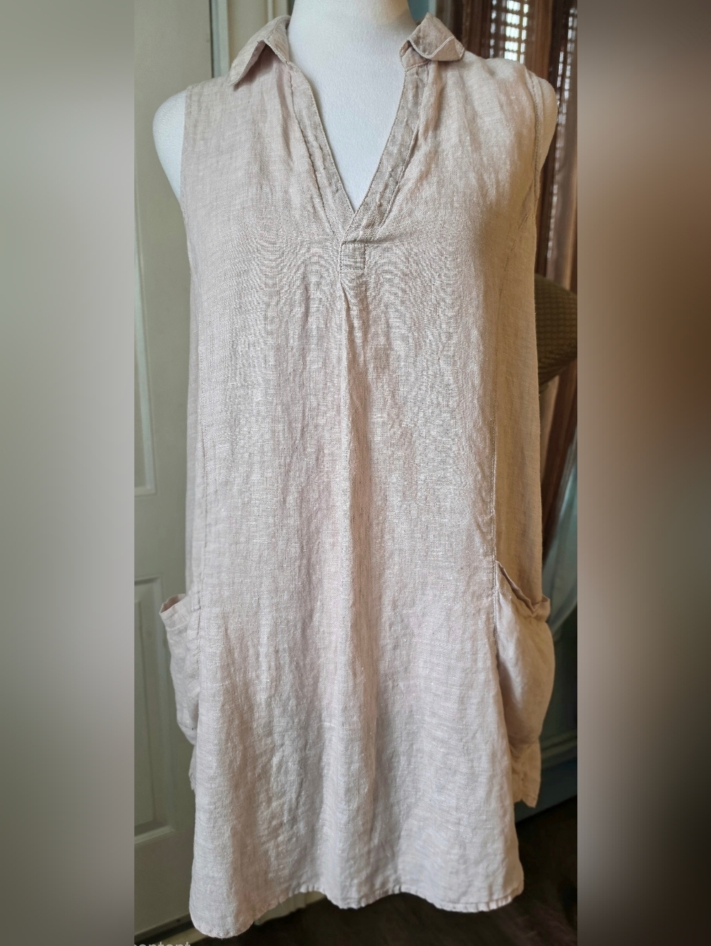 Vintage Sigrid Olsen Sleeveless 100% Linen Tunic Womens S Natural Beige Pockets